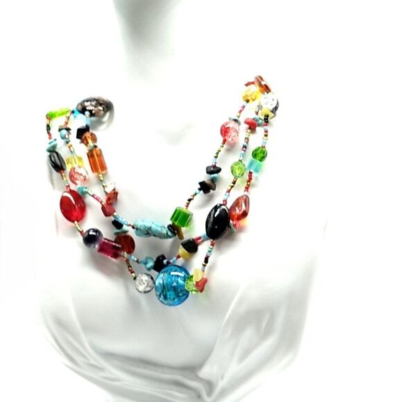 Triple Strand Turquoise Stone and Multicolor Glass Acrylic & Seed Bead Necklace - Picture 4 of 11